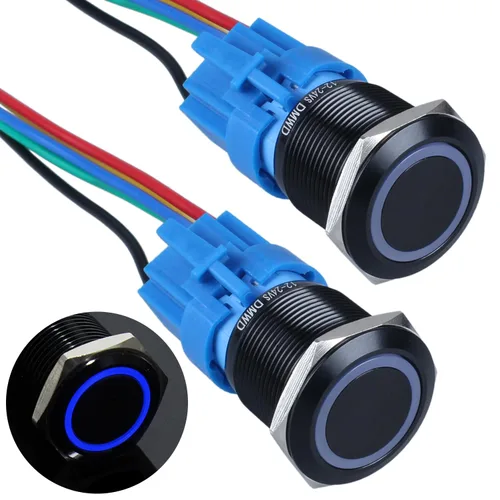 Vista 12 de 2 interruptores de botón de bloqueo de 0.748 in de 12 V-24 V, anillo de CC LED 1NO 1NC impermeable botón de metal negro encendido apagado