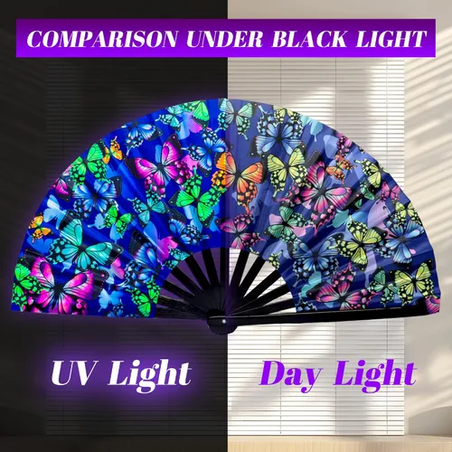 Vista 4 de Abanico de mano grande de 13 pulgadas con luz UV para baile en línea, abanico plegable para botas en el suelo, actuación, boda, fiesta - abanico