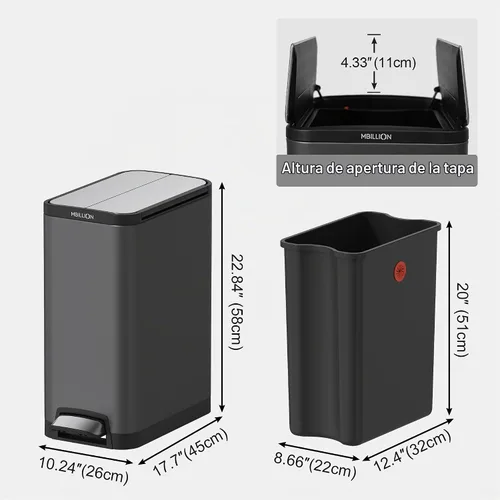 Vista 3 de Mbillion Cubo de basura gris oscuro con tapa de mariposa de 9.3 galones