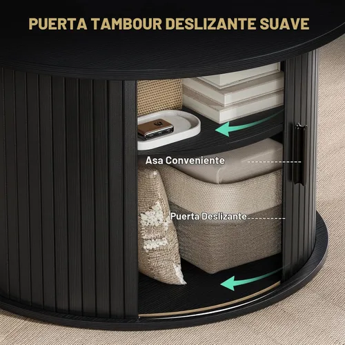 Vista 5 de FABATO - Mesa de centro redonda con tapa de elevación acanalada, puerta corredera, color negro Small Coffee Table with Fluted Sliding Door, Hidden