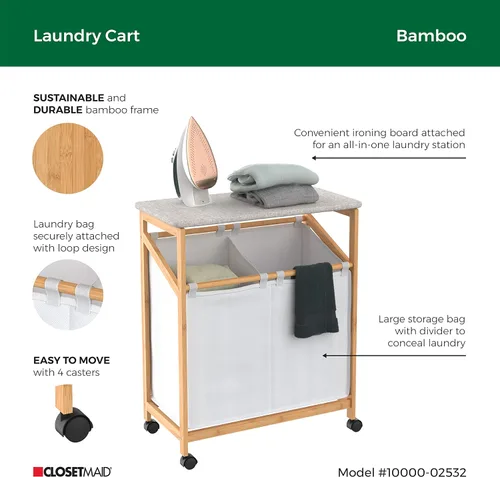 Vista 3 de ClosetMaid Cesta de bambú para ropa sucia con tabla de planchar, estación plegable, compartimentos dobles con divisor, clasificador portátil