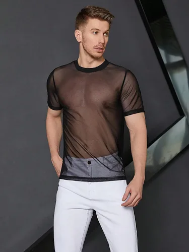 Vista 7 de WDIRARA Camiseta de malla de manga corta con cuello redondo y estampado floral para hombre