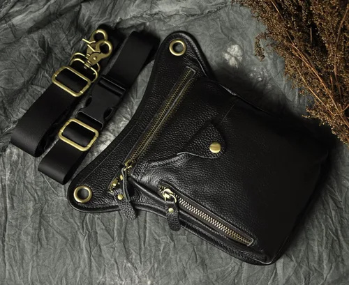 Vista 5 de Le'aokuu - Bolso de pierna para moto, de cuero genuino, para hombre, bolso tipo mensajero a la cintura), 211-5