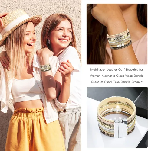 Vista 3 de Pulsera envolvente de cuero turquesa, pulseras de cuentas en capas para mujer, pulseras de plumas multicapa, pulsera bohemia occidental para mujer