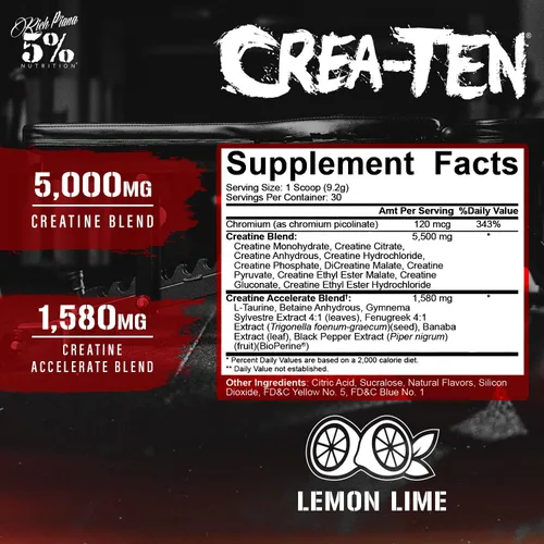 Vista 2 de 5% Nutrition CreaTEN - Mezcla de polvo de creatina saborizada (Lemon Lime) Complejo de creatina + aceleradores para una máxima ganancia muscular