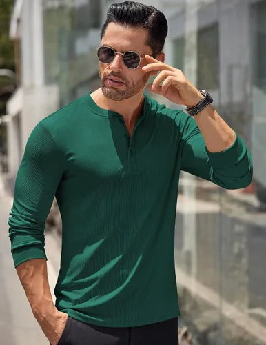 Vista 16 de COOFANDY Camisas Henley de manga larga para hombre, camisetas elásticas acanaladas, camisetas básicas casuales de moda