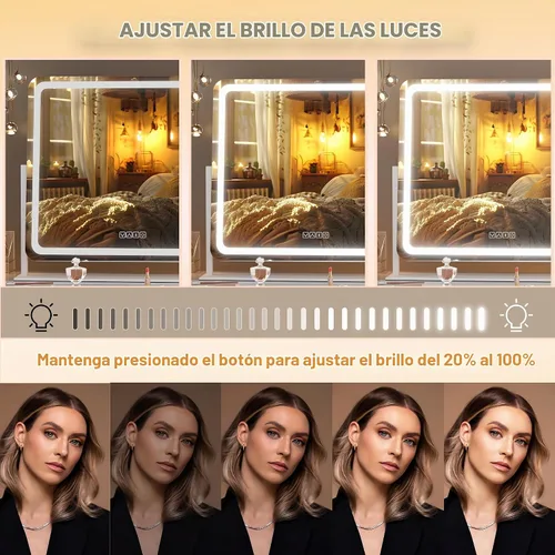 Vista 5 de Hasipu Espejo de tocador con luces y altavoz Bluetooth, espejo LED de maquillaje de 23.6 x 19.7 pulgadas, espejo iluminado con aumento de 10X