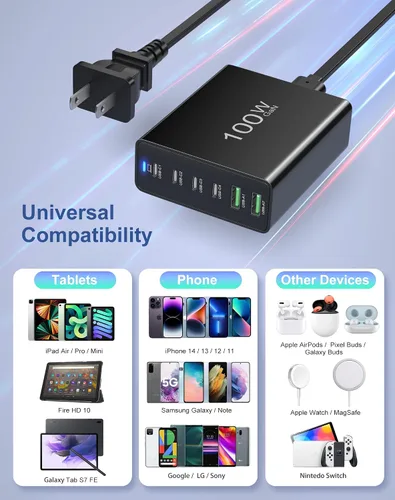 Vista 6 de Cargador USB C 100W GaN 6 puertos USB C tipo estación de carga, bloque de concentrador, cargador de pared USB C, adaptador de corriente con 4 USB