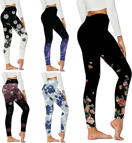 Vista 3 de Pantalones de yoga para mujer, diseño floral, cintura alta, leggings de entrenamiento con control de abdomen, pantalones deportivos para gimnasio