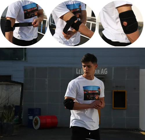 Vista 6 de Codera, soporte de codo de tenis ajustable, ideal para esguinces de codos, tendinitis, artritis, baloncesto, béisbol, codo de golfista que Negro