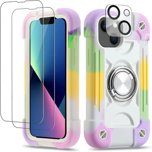 Vista 21 de Funda para iPhone 11 de 6.1 pulgadas con soporte de anillo, con 2 protectores de pantalla de vidrio, resistente a los golpes, resistente a