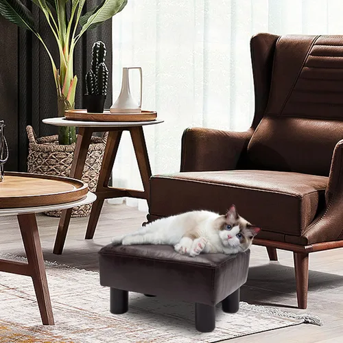 Vista 6 de Taburete otomano de piel sintética con 4 patas de plástico antideslizantes, moderno reposapiés rectangular, taburete pequeño otomano para sala
