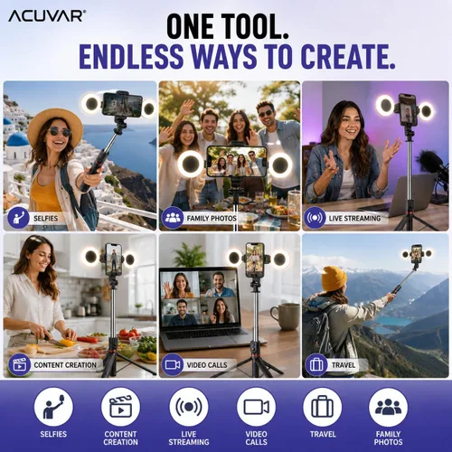 Vista 4 de Acuvar Trípode selfie stick de 71 pulgadas con luces de relleno LED dobles y control remoto Bluetooth para iPhone y Android, soporte de trípode
