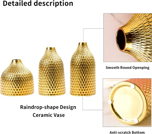 Vista 4 de Juego de jarrones de cerámica – 3 jarrones pequeños, lujosa decoración del hogar, ideal para centros de mesa; decoración ideal para estantes, Dorado