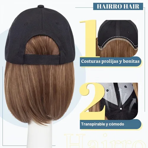 Vista 4 de Hairro Peluca de gorra de béisbol con cabello adjunto, corto estilo Bob ajustable, extensiones de cabello sintético para mujeres, balayage