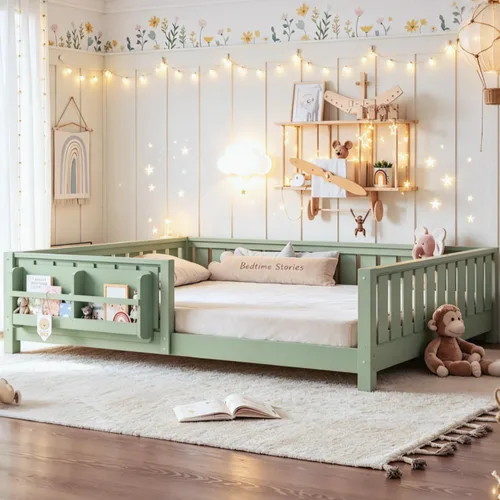 Vista 21 de Marco de cama Montessori Twin con estantería y barandillas, color beige