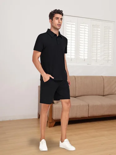 Vista 3 de WIGUREN Conjunto de camisa polo y pantalones cortos para hombre, conjunto de 2 piezas, de verano, casual, de punto gofre, de manga corta, para hombre