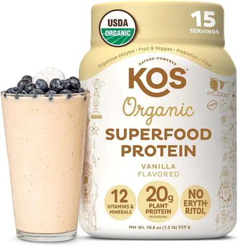 Vista 14 de KOS Proteína en polvo a base de plantas, muffin de arándano - Superalimento de proteína de guisantes orgánico con mezcla de espirulina y apoyo
