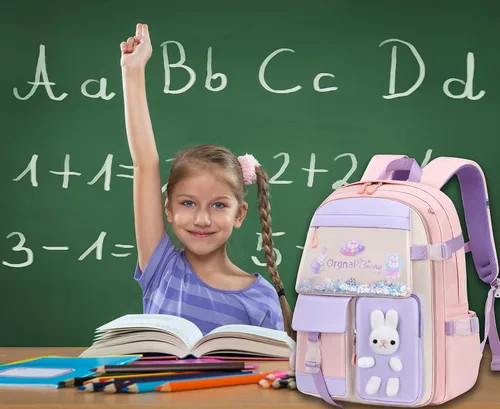 Vista 2 de Gazigo Mochila para niñas, escuela primaria, mochila de conejito para niñas, linda mochila para niños y jardín de infantes preescolar, Juego