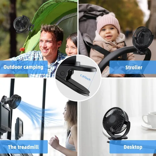 Vista 5 de ATEngeus Ventilador de escritorio recargable con clip USB, 3 velocidades, batería de 5000mAh, rotación de 720, abrazadera resistente para el hogar