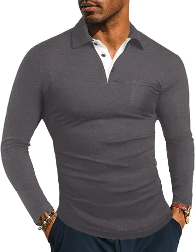 Vista 9 de KUYIGO Camisas de manga larga y corta estilo polo para hombre, estilo informal, ajustadas, diseño sólido, suave, con botones, de algodón, con A1