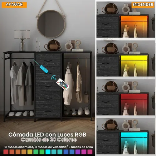 Vista 9 de Espelism Cómoda para dormitorio con perchero, cómoda de 5 cajones con estación de carga, luces LED, cómoda blanca, estante flexible y espacio