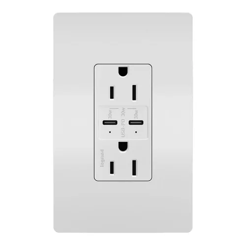 Vista 8 de Legrand Radiant R26USBPDW - Toma de corriente dúplex decoradora resistente a manipulaciones de 15 amperios con puertos de carga rápida USB C/C 6.0A