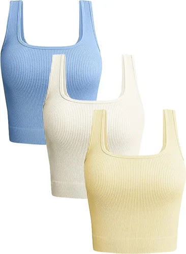Vista 17 de OLCHEE - Camisetas cortas sin mangas para mujer, pack de 3, básicas, sin costuras, acanaladas, cuello cuadrado, para entrenamiento, verano Negro +