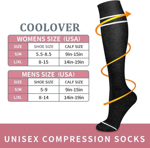 Vista 7 de COOLOVER Calcetines de compresión para mujeres y hombres (4 pares) - El mejor apoyo para correr, atletismo, enfermería, viajes, embarazo