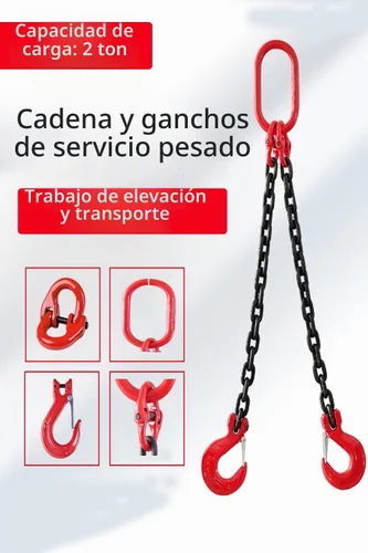 Vista 3 de Cadena de elevación industrial de 1.5 m de alta resistencia, capacidad de 2 toneladas, 6 mm de espesor, con doble pata y ganchos de eslinga
