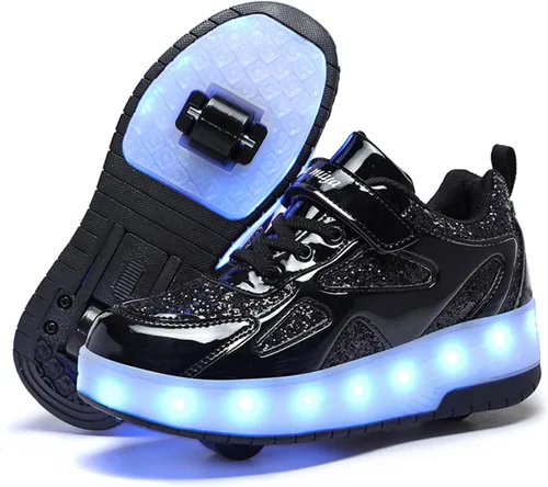 Vista 14 de Zapatos de patinaje LED para niños y niñas, tenis con ruedas desmontables y recargables intermitentes Negro