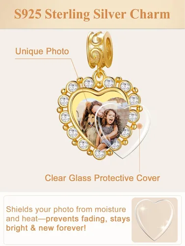 Vista 41 de Custom4U Photo Charms for Bracelets 925 Sterling Silver/Gold Plated Heart/Tree of Life/Round Charm Bead Personalized with Picture Custom