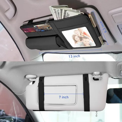 Vista 4 de Organizador de visera para automóvil, bolsa de almacenamiento organizadora de visera con marco de fotos y soporte para lentes de sol, práctico