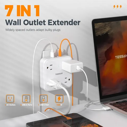 Vista 2 de TESSAN - Extensor de salida con protector de sobretensiones, adaptador de enchufe múltiple con divisor de 4 salidas y 3 USB (1 USB C), expansor