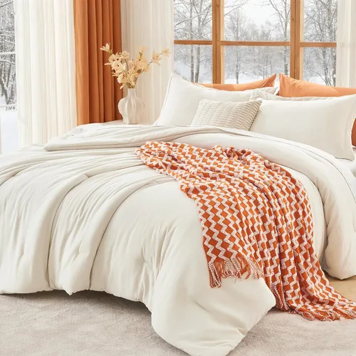 Vista 24 de MUXHOMO Juego de edredón beige tamaño individual/individual XL, ropa de cama alternativa ultrasuave para todas las estaciones. El juego de cama
