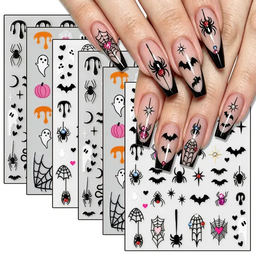 Vista 12 de 8 hojas de calcomanías de uñas de Halloween con diseños de fantasmas lindos, calabaza, araña, telaraña, sangre, llama 3D, autoadhesivas 12