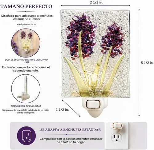 Vista 5 de J Devlin Glass Art Luz de noche de vidrieras, morada, flor, luz nocturna enchufable para decoración del hogar en dormitorio/baño/escalera/pasillo