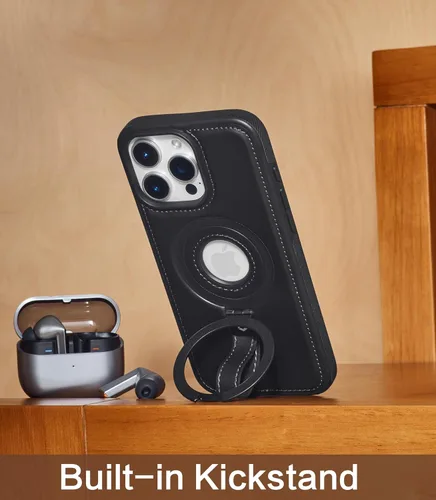 Vista 7 de Butaiga - Funda para iPhone 12 Pro Max con correa de cuero, soporte de anillo, color negro Finger Loop, Relieve Smartphone Pinky Strain