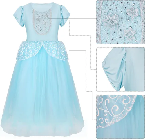 Vista 7 de Disfraz de princesa para niñas, color azul, manga abombada, cumpleaños, Halloween, cosplay, falda de baile