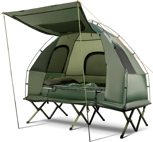 Vista 10 de Tangkula Combo de Catre de Tienda 5 en 1 con Toldo, Colchón de Aire, Saco de Dormir, Almohada, Tienda Individual Elevada con Bolsa de Transporte