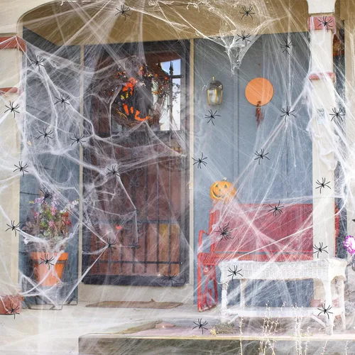 Vista 8 de 1000 pies cuadrados de telarañas de Halloween, decoración con 30 arañas falsas, telarañas superelásticas para suministros de fiesta de Halloween