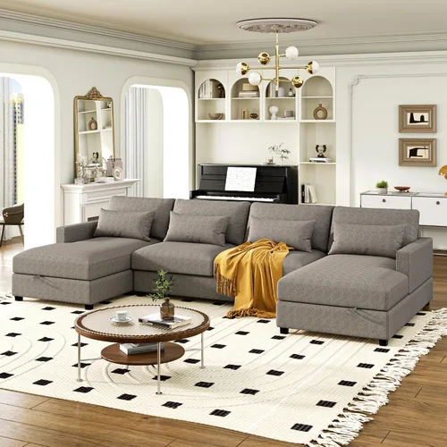 Vista 21 de Quarte Sofá seccional en forma de U, sofá modular con dos asientos individuales, dos sillas, combinación de bricolaje, tela de hilo en bucle Beige/5