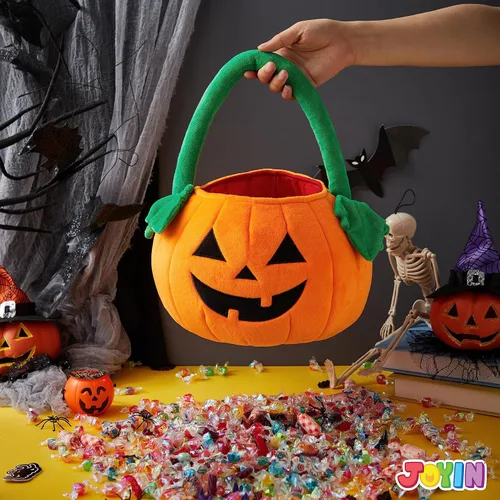 Vista 8 de JOYIN Cubo de felpa de calabaza de Halloween, bolsa de dulces de 11 x 13.4 pulgadas, bonita cesta de Halloween con asa para niños, niñas, niños