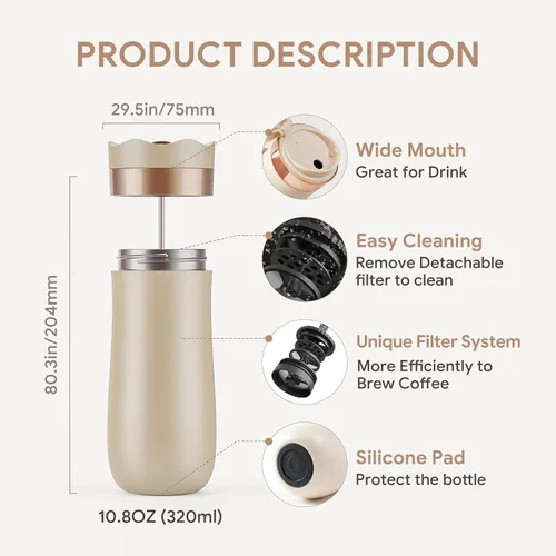 Vista 4 de BRBHOM La cafetera de acero inoxidable portátil original de acero inoxidable con aislamiento al vacío, taza de viaje caliente y fría prensas
