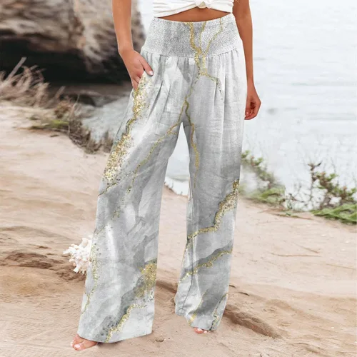 Vista 2 de Fujiuia Pantalones elásticos sólidos y rectos con cordón largo para mujer, cintura de algodón, pantalones casuales de yoga