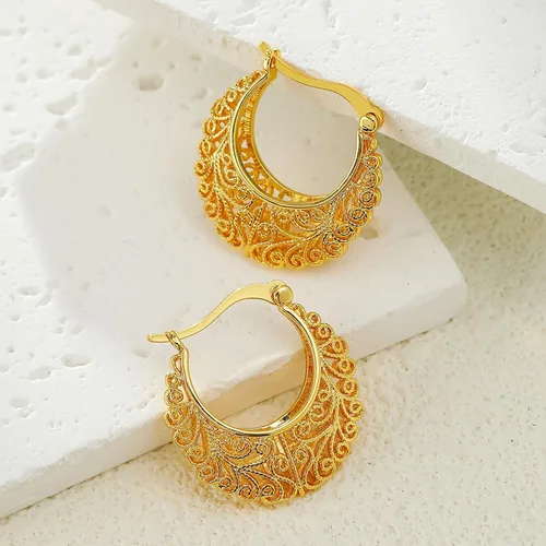 Vista 4 de Aretes de aro de oro de filigrana, aretes pequeños vintage para mujer