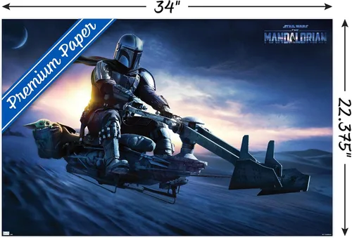 Vista 3 de Star Wars: The Mandalorian - Póster de pared Grogu Sunset Speeder, 34 pulgadas de largo x 22.4 W, versión premium sin marco