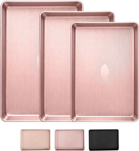 Vista 8 de Sakerplus Juego de 3 bandejas antiadherentes para hornear, resistentes para horno con patrón de textura de rayas, 0.024 in de grosor