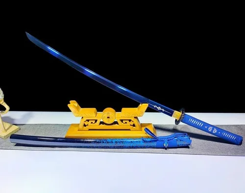 Vista 2 de Colección artesanal, espada katana hecha a mano, hoja y funda azules, azul horneado de acero 1095, espada samurai japonesa, espiga completa