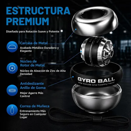 Vista 3 de Gyroball ejercitador de muñeca bola de arranque automático 5 niveles de resistencia control de luz giroscópico antebrazo entrenador brazo